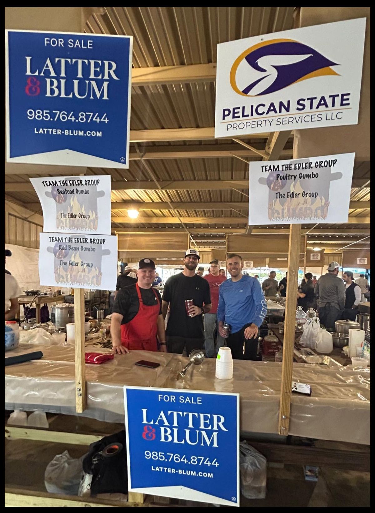 Pelican State Property Services sign at a sponsored gumbo cook-off booth