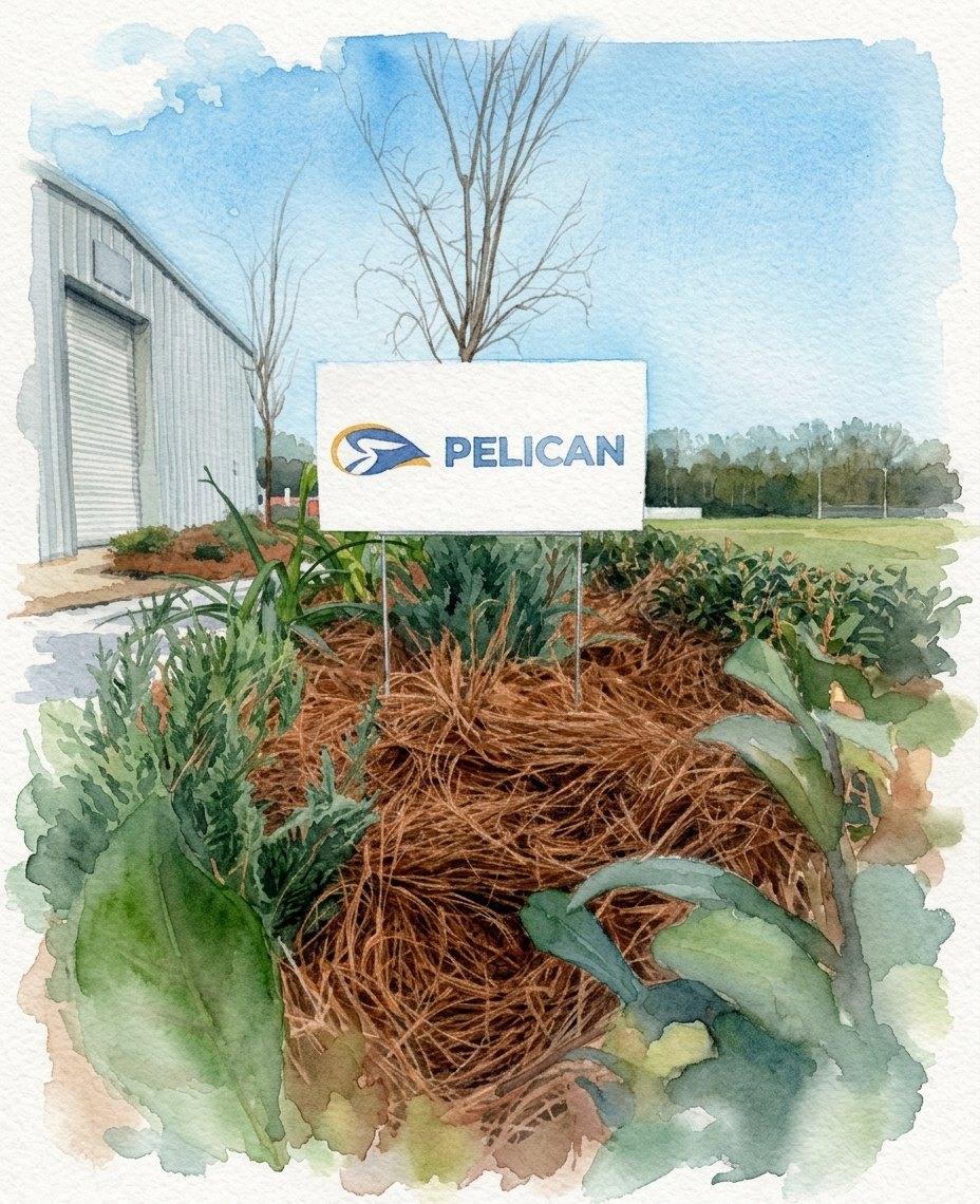 Watercolor painting of a Pelican yard sign in a new pine straw bed beside a metal building